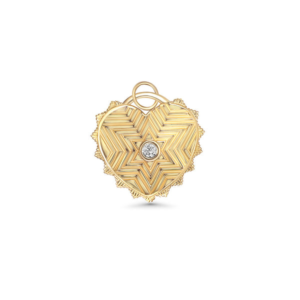 With its detailed design and sweet sentiment, our Magen David Heart Pendant necklace looks stunning alone or layered with your other favorites. The 14K yellow gold medallion has an engraved magen david surface with a round brilliant diamond at the center and sweet engraved detail on the back. Scalloped edges define the heart shape. Hanging from adjustable 14K gold chain.