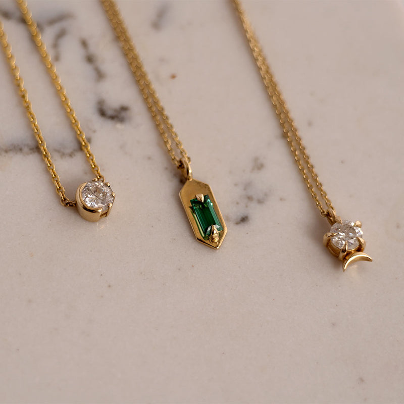 Hexagon Amulet Necklace gold art deco pendant with emerald cut baguette