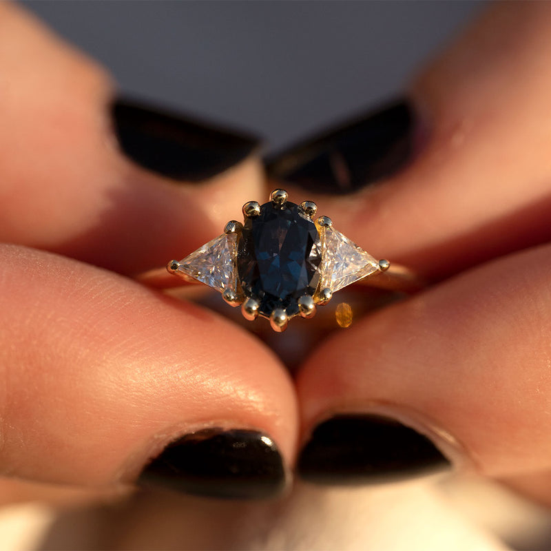 Odette diamond and sapphire three stone ring