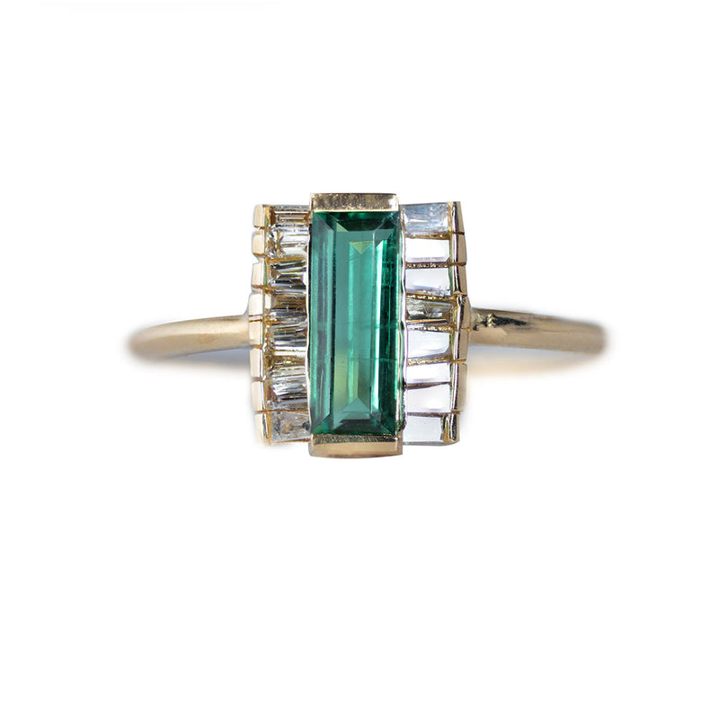 Fan Deco ring with emerald baguette and tiny tapered baguettes